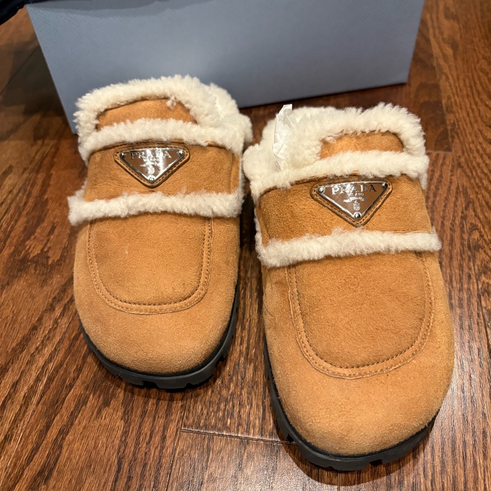 Prada Shearling Suede Loafers – Cognac – Size 35.5